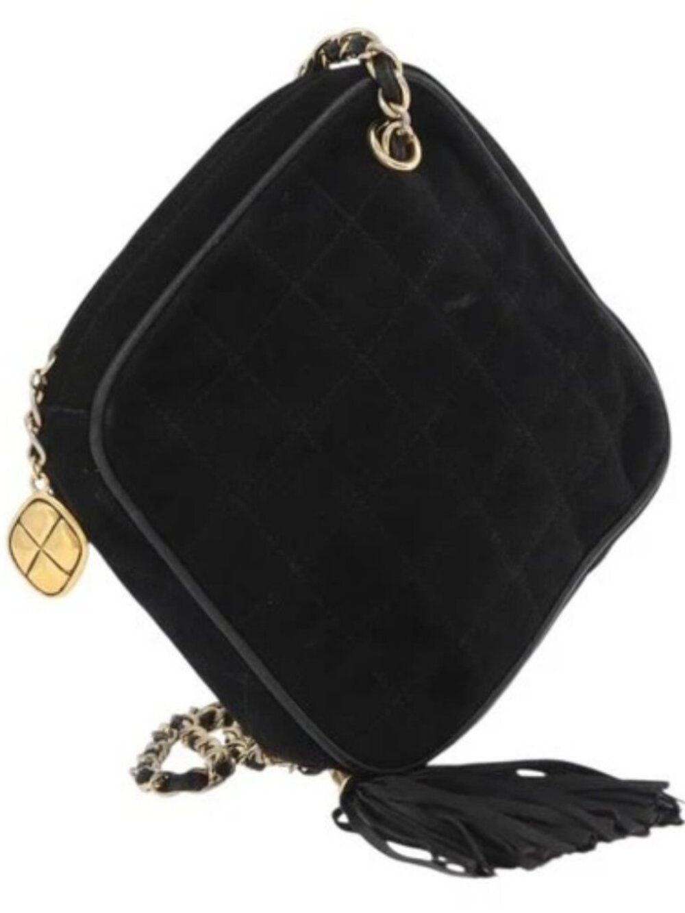 CHANEL Chain Choco Bar Shoulder Bag Suede Black Gold CC Auth LNZ606A